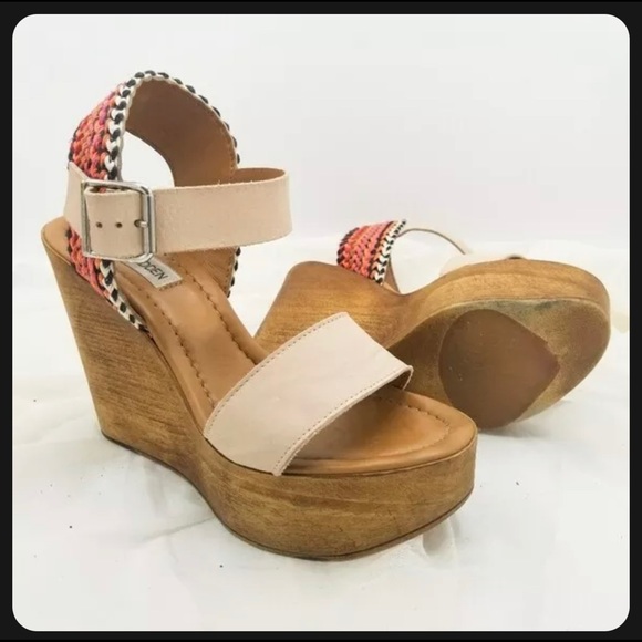 Steve Madden Sam Wooden Platform Wedge Sandals Multicolor Woven Back Size 8 - Picture 2 of 5